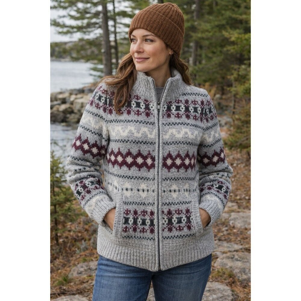 LL Bean Womens Cardigan Sz Small Petite Gray Ragg Wool Full Zip Pockets Sweater